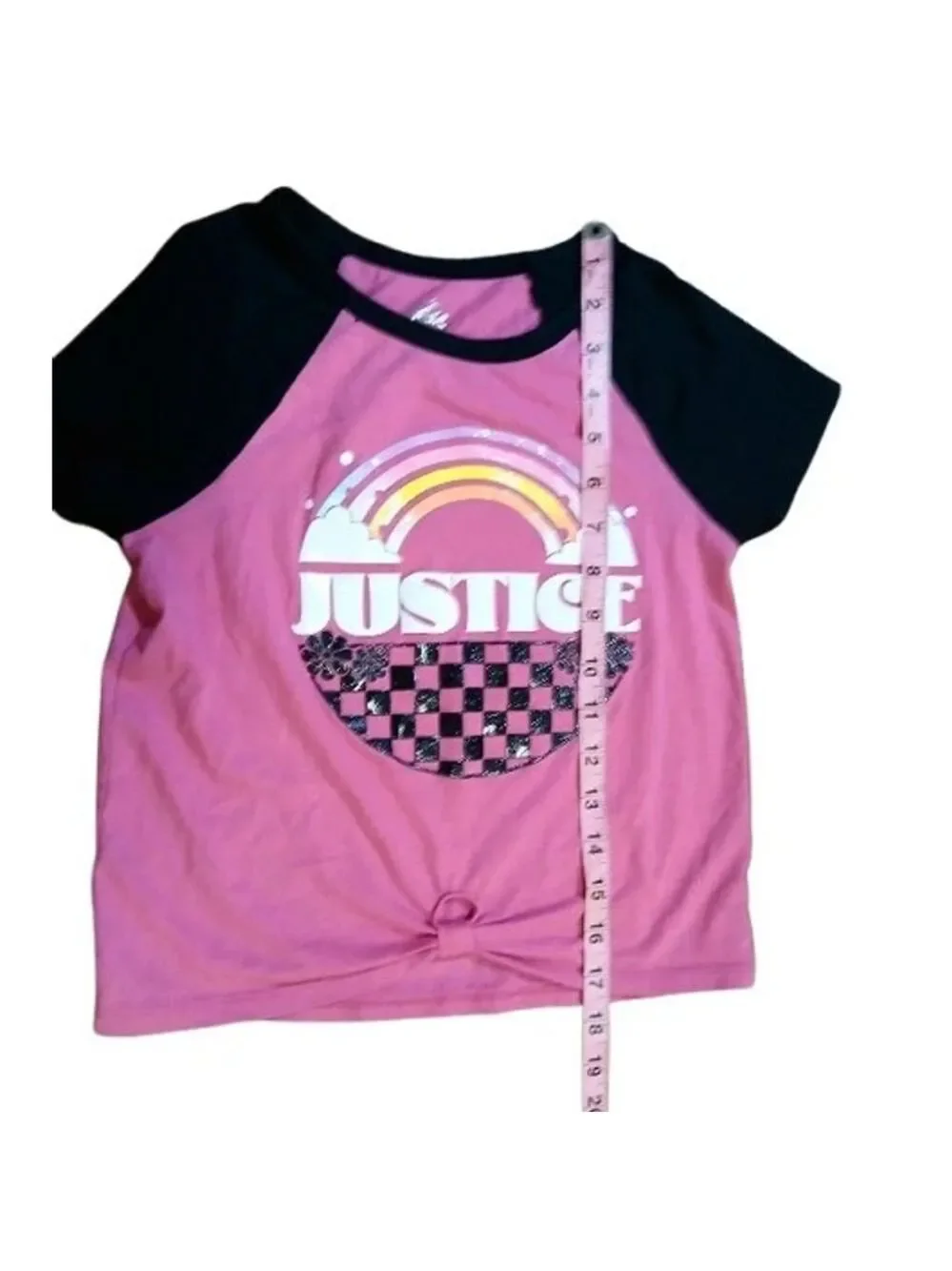 Justice Girls Knot Front Tie T-Shirt Pink Rainbow Glittery Top Size 7/8 Small